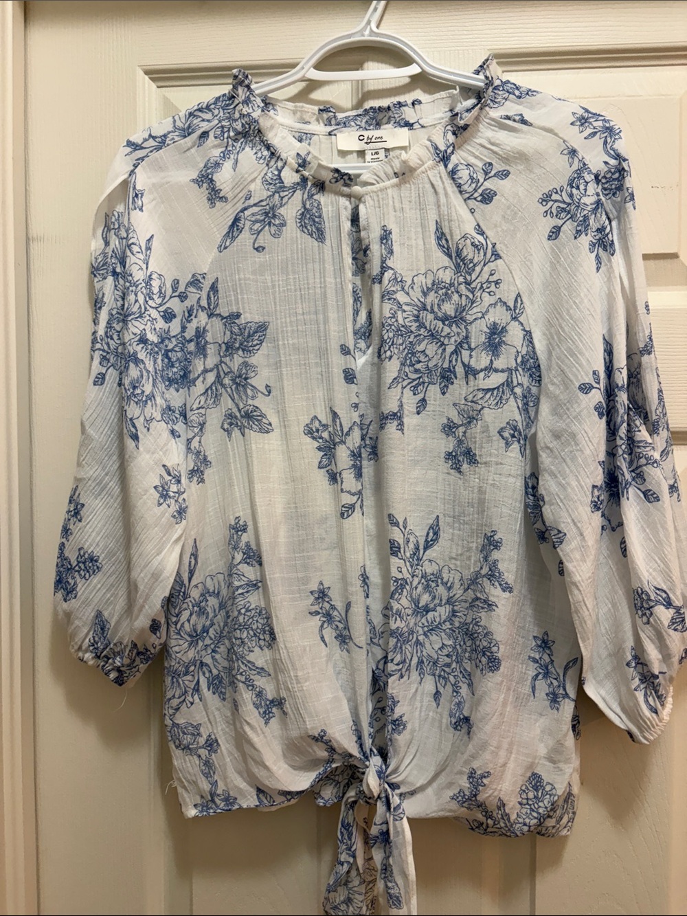 Cynthia Rowley White Blouse with Blue Floral Print and Front Tie